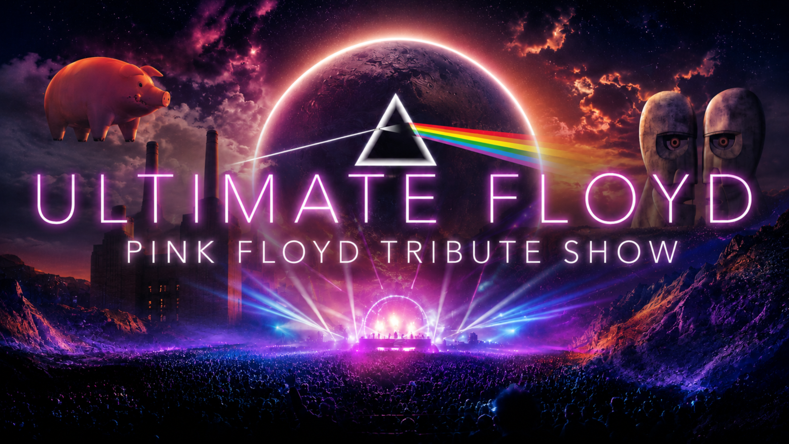 Concert poster featuring a nighttime scene with a large crowd and stage illuminated by colourful lights, promoting "Ultimate Floyd Pink Floyd Tribute Show." Visual elements include a glowing prism with light beams, a pig floating in the sky on the left, and two stone heads on the right, referencing iconic Pink Floyd imagery.